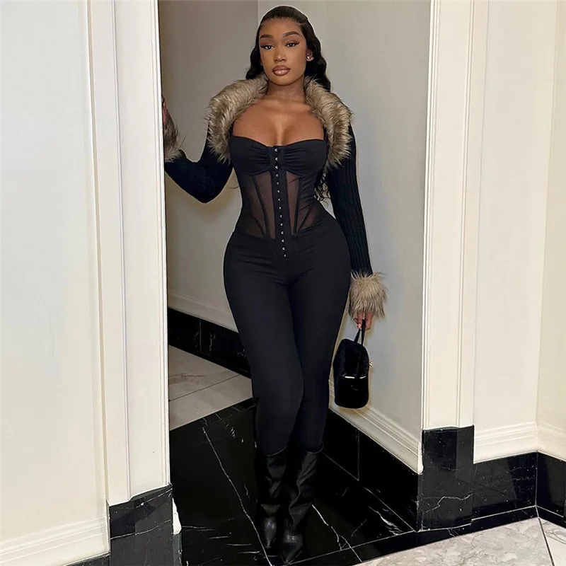 European and American style 2025 spring women's clothing new fashion suspender sexy low cut perspective slim fit jumpsuit