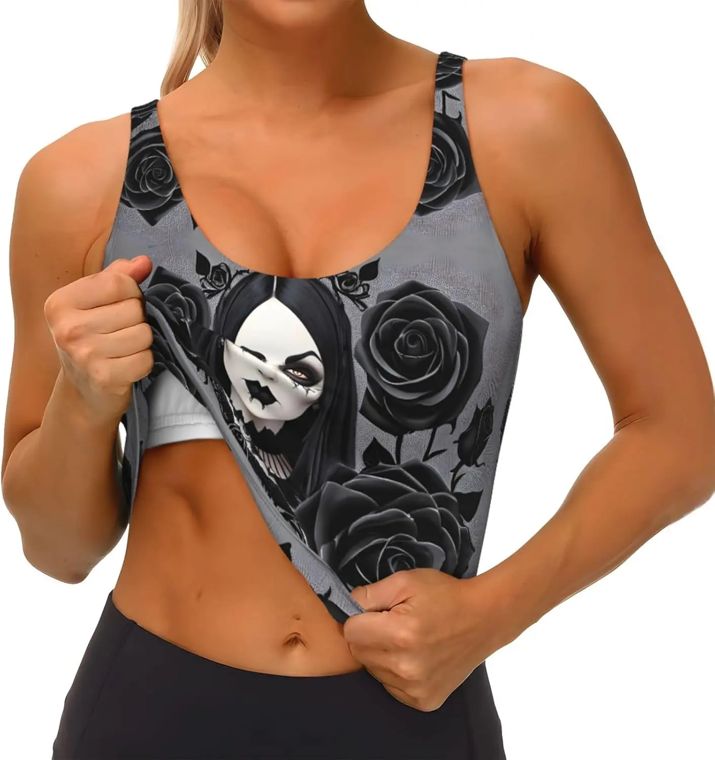 ゴシックブラックローズプリントレディーススポーツベストヨガワークアウトフィットネス用 - アスレチックガールズ用カジュアルノースリーブ、ブラック、XL