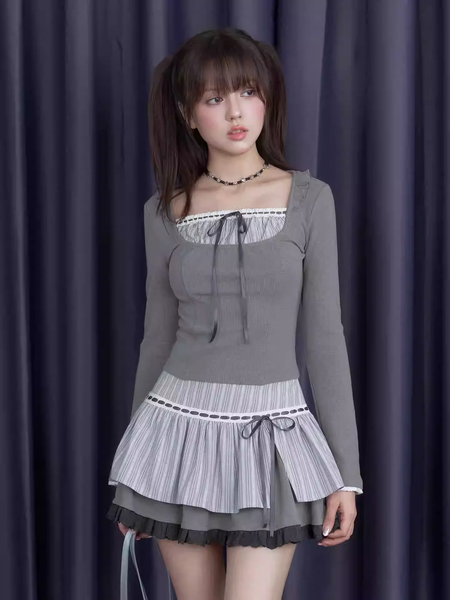 Spring Fashion Sweet Romantic Blue Stripe Playful Cute Skirt Fashion High Waist Versatile A-line Lace-up Japanese Leisure Skirts