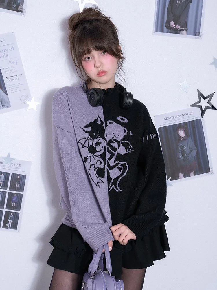 

SagiDolls Street Sle Loose Fit Patchwork Devil Bear Cute Cool Purple Bla Knitted Sweater for Women Winter Faion Top