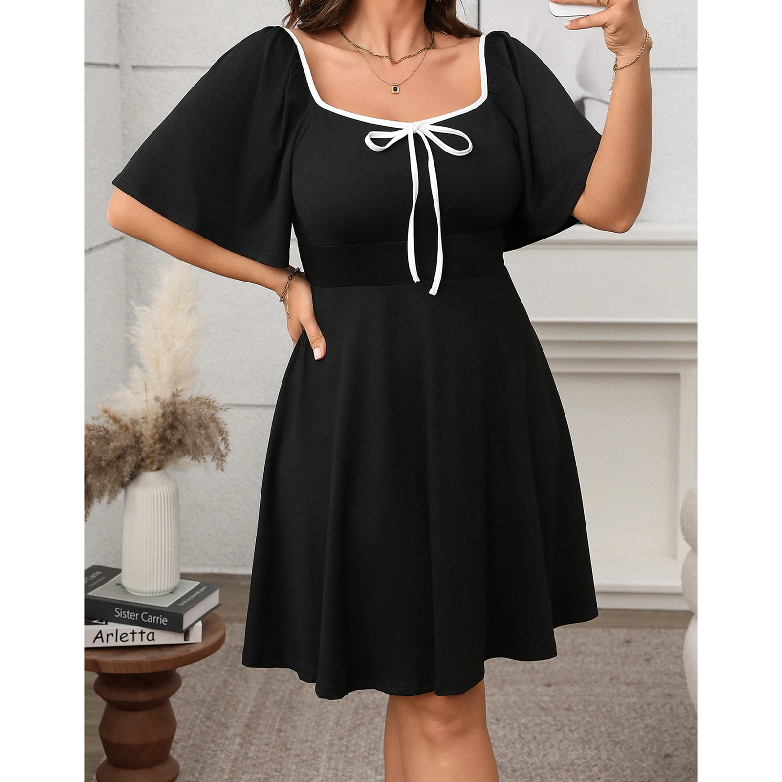 Gaun lengan pendek wanita gaun pesta ukuran besar pita warna kontras musim panas kasual untuk pakaian jalanan koktail