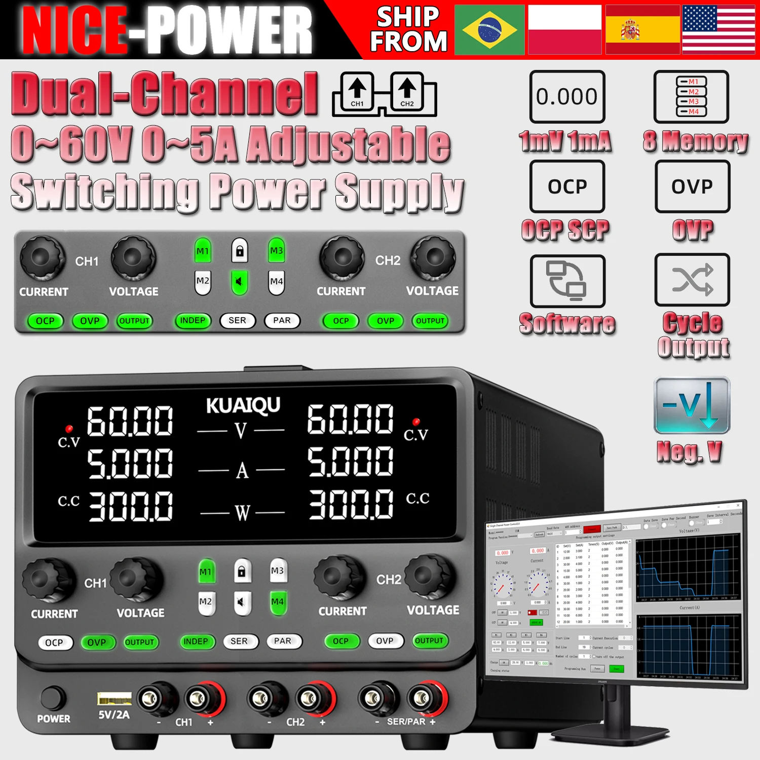 Nice-Power Dual Channel Lab Power Supply, Independent (Dual 30V 10A 300W), Series (60V 10A 600W), Parallel (30V 20A 600W), Bipol