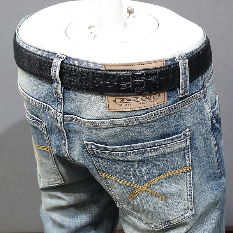 Fashion Designer Men Jeans High Quality Retro Washed Blue Stretch Slim Fit Ripped Jeans Men Patched Vintage Denim Pants Hombre