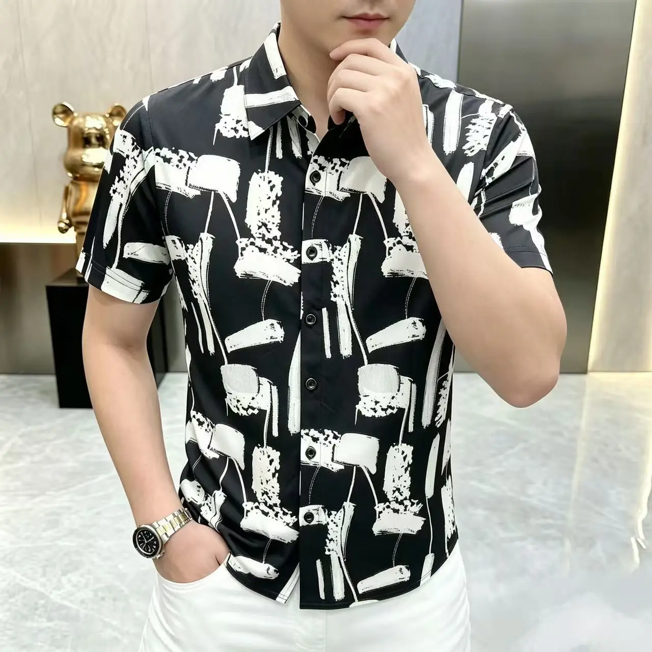 3D Print European Style Shirts For Men Short Sleeve Slim Fit Ice Summer Quality Soft Comfortable Casual Social Camisas De Hombre