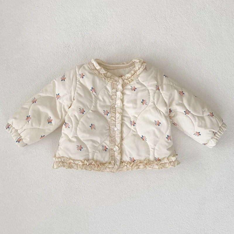 Autumn and winter new 0-3 year old baby girl cotton padded thick cardigan with lace print and plush warm jacket