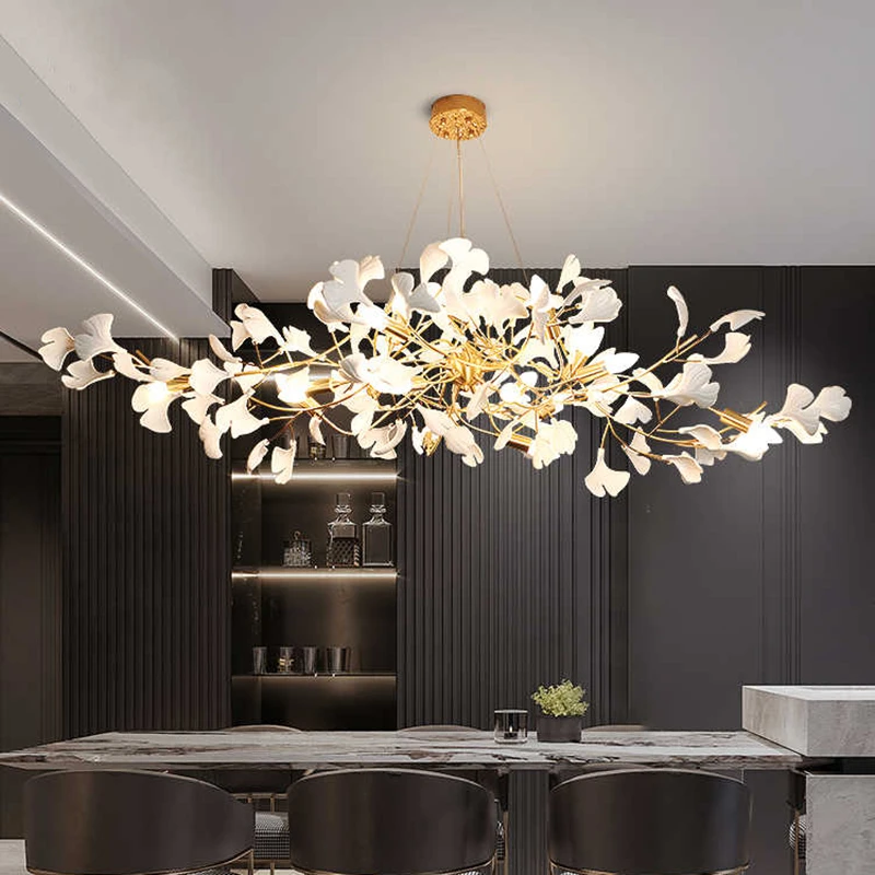 Luxury Ceramic Ginkgo Leaf Chandelier Gold Branches Chandelier For Living Room Bedroom Hotel Decor Led Tree Leaves Hanging Lamp