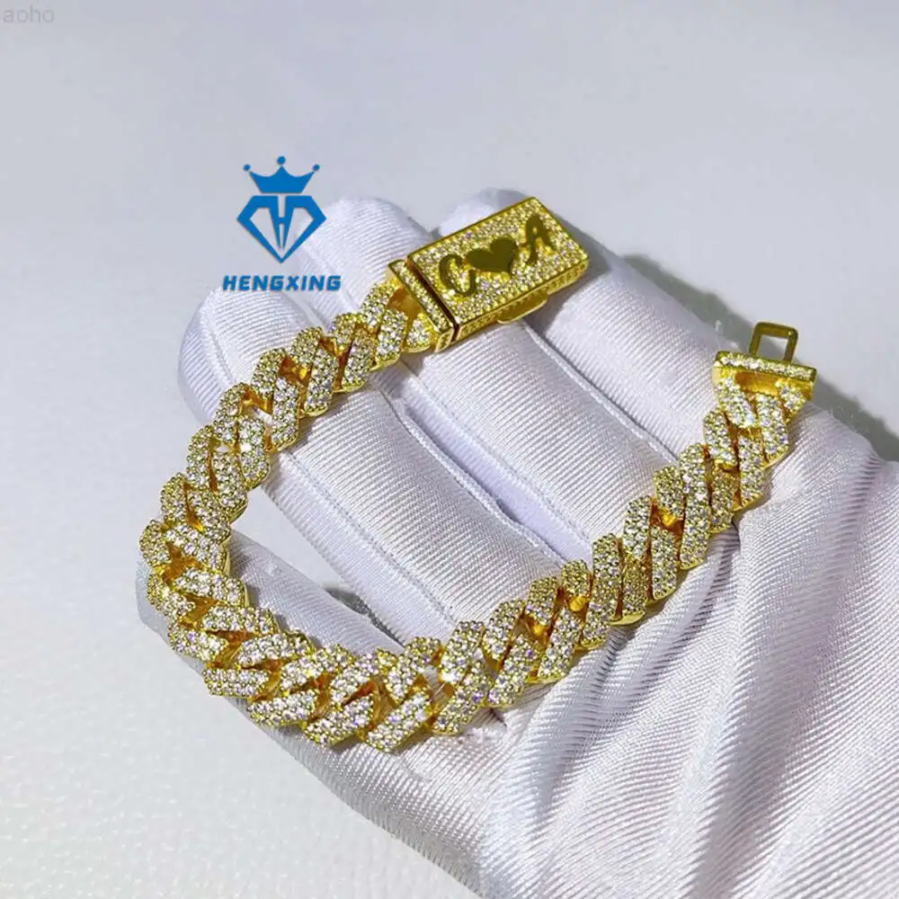 

Design Big Stone Clasp 15mm Moissanite Cuban Chain Bracelet 18k Gold Plating Hip Hop Iced Out Cuban Link Bracelet for Men