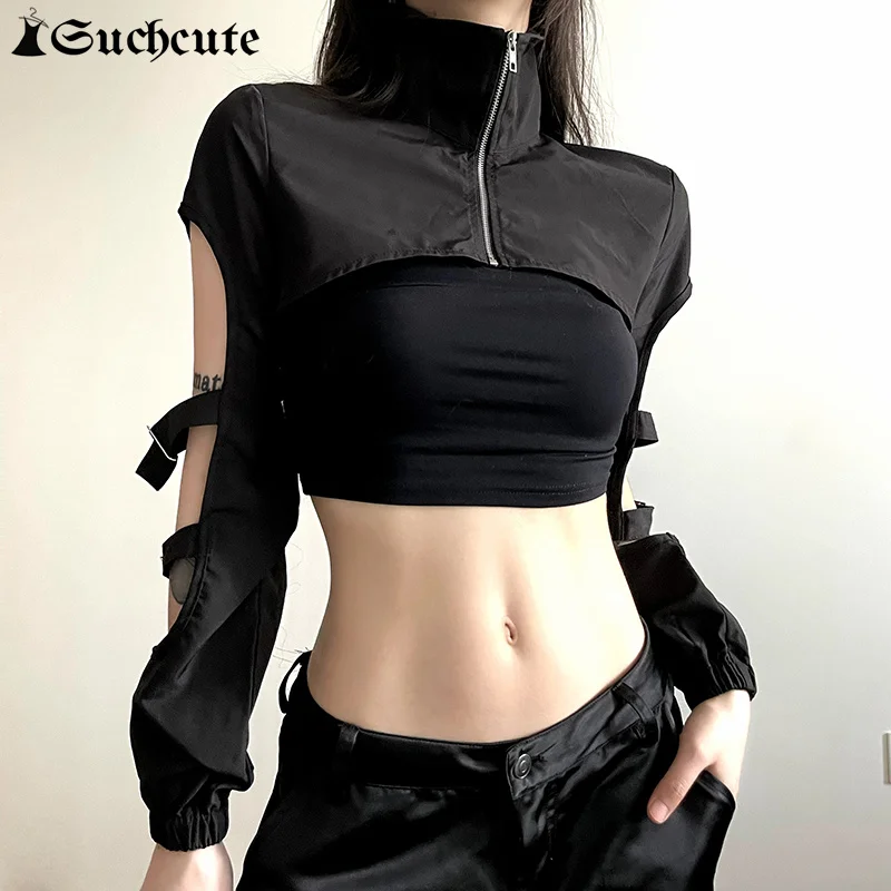 SUCHCUTE Zipper Up Goth Punk Black Crop Top Tee Emo Techwear Jackets For Women Streetwear Dark Academia Belt Long Sleeve T-shirt