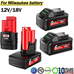 Batterie aste pour Milwaukee Tool, M12, M18, 3,0 Ah, 6,0 Ah, 9,0 Ah, 12V, 18V, 48, 11, 2402, 48, 11, 2411, 48, 11, 2401