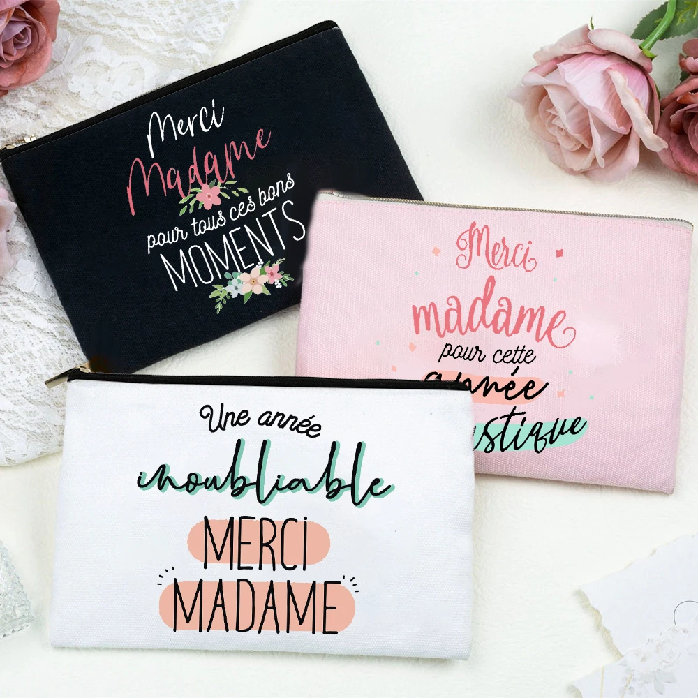 Merci Madame Print Pencil Bag Large Capacity School Stationery Supplies Storage Bags Travel Make Up Bag Year-end Gift for Madame