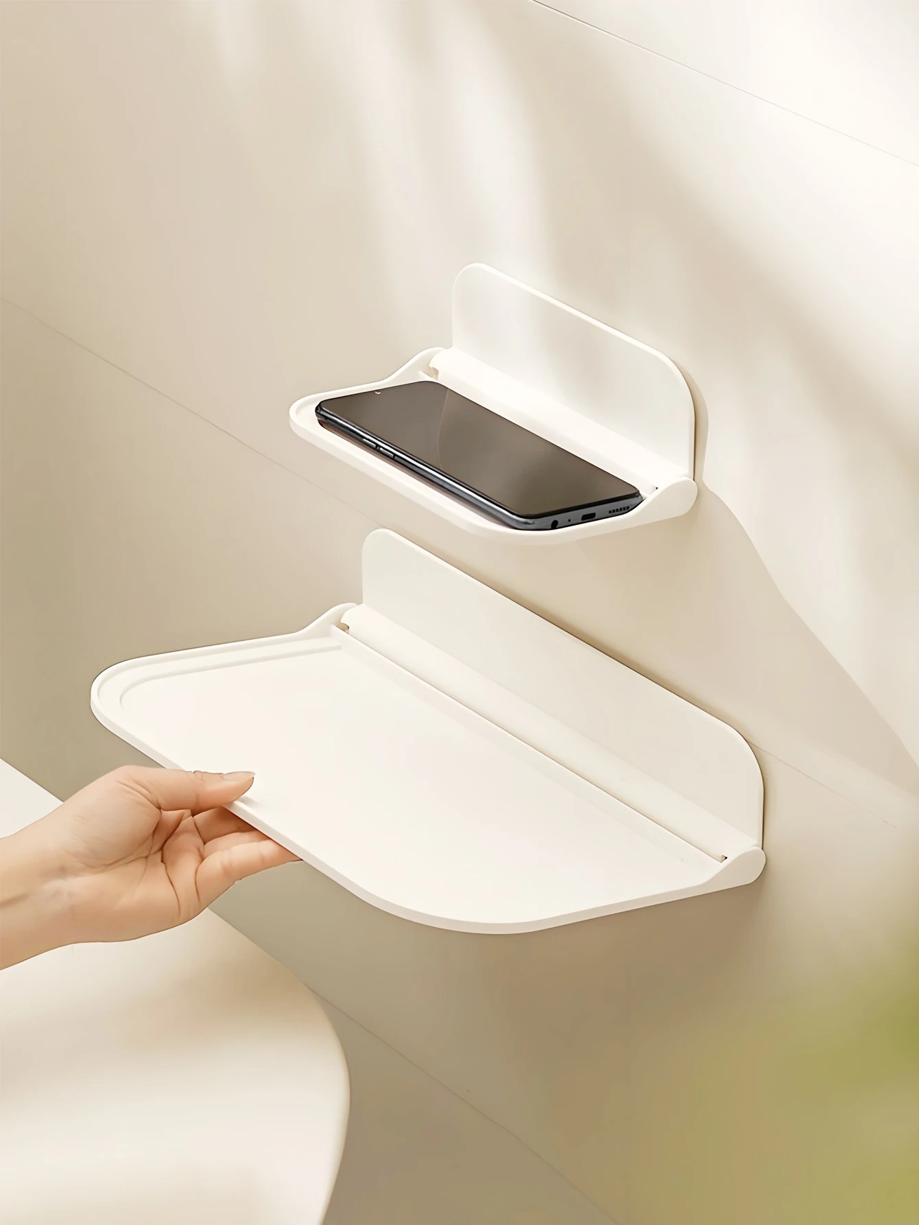 Faltbares Wandregal ohne Bohren, selbstklebendes Kunststofftablett für Badezimmer, Küche, Aufbewahrung, Organizer, Telefon, Kosmetik, Wohnheim, Toilette