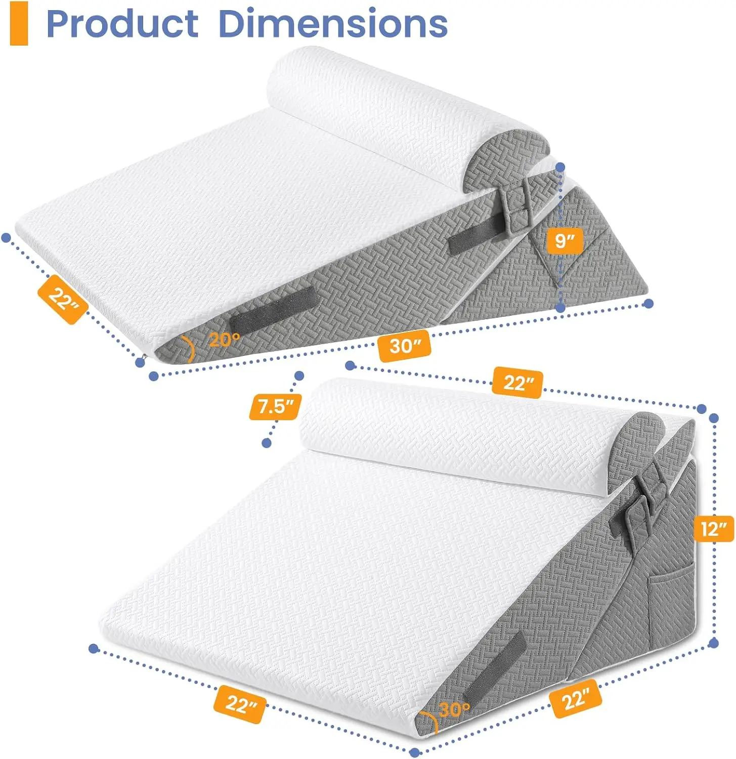 Adjustable Wedge Pillow Set for After Surgery, Dark Grey & White | Bed Wedge Pillow Headboard with Memory Foam Neck Cushion, for
