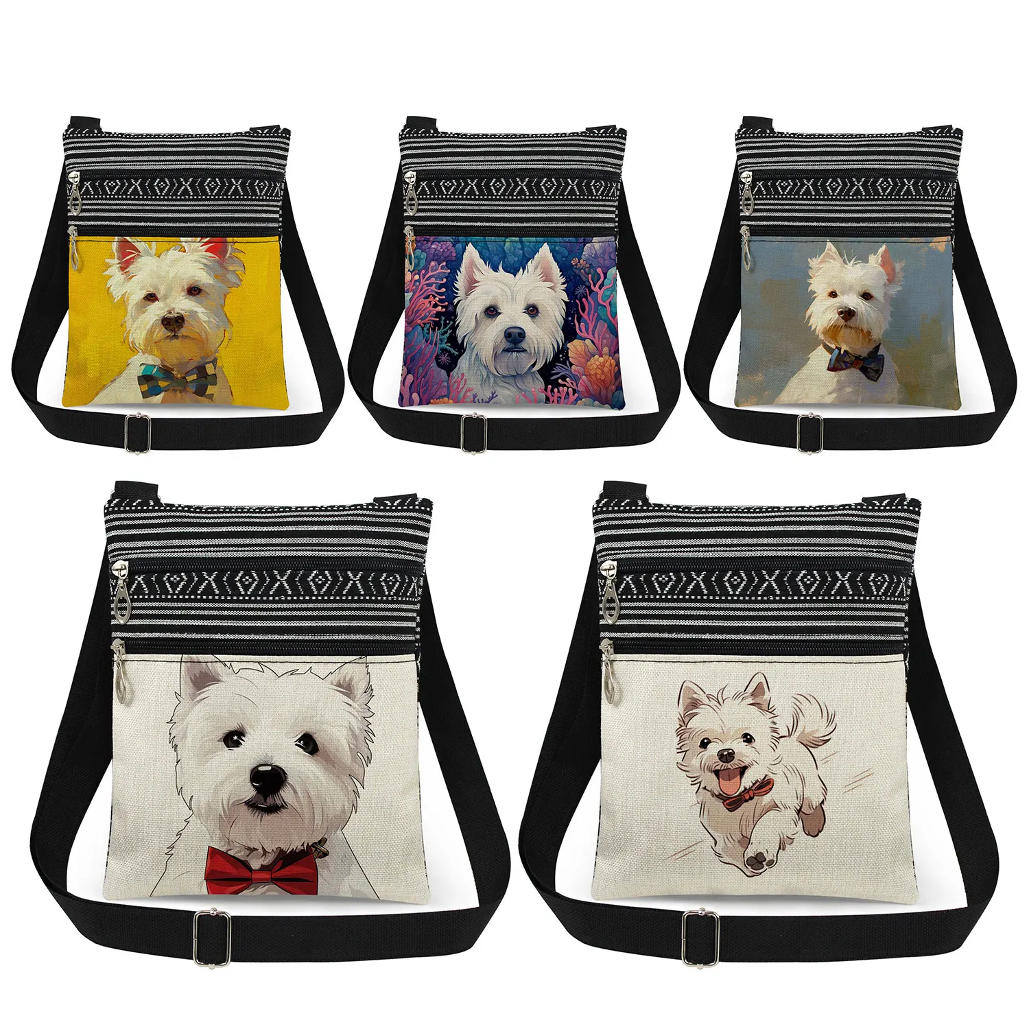 

West Highland White Terrier Print Crossbody Bags Cute Dog Design Shoulder Bag Travel Portable Double Zipper Women Messenger Bags