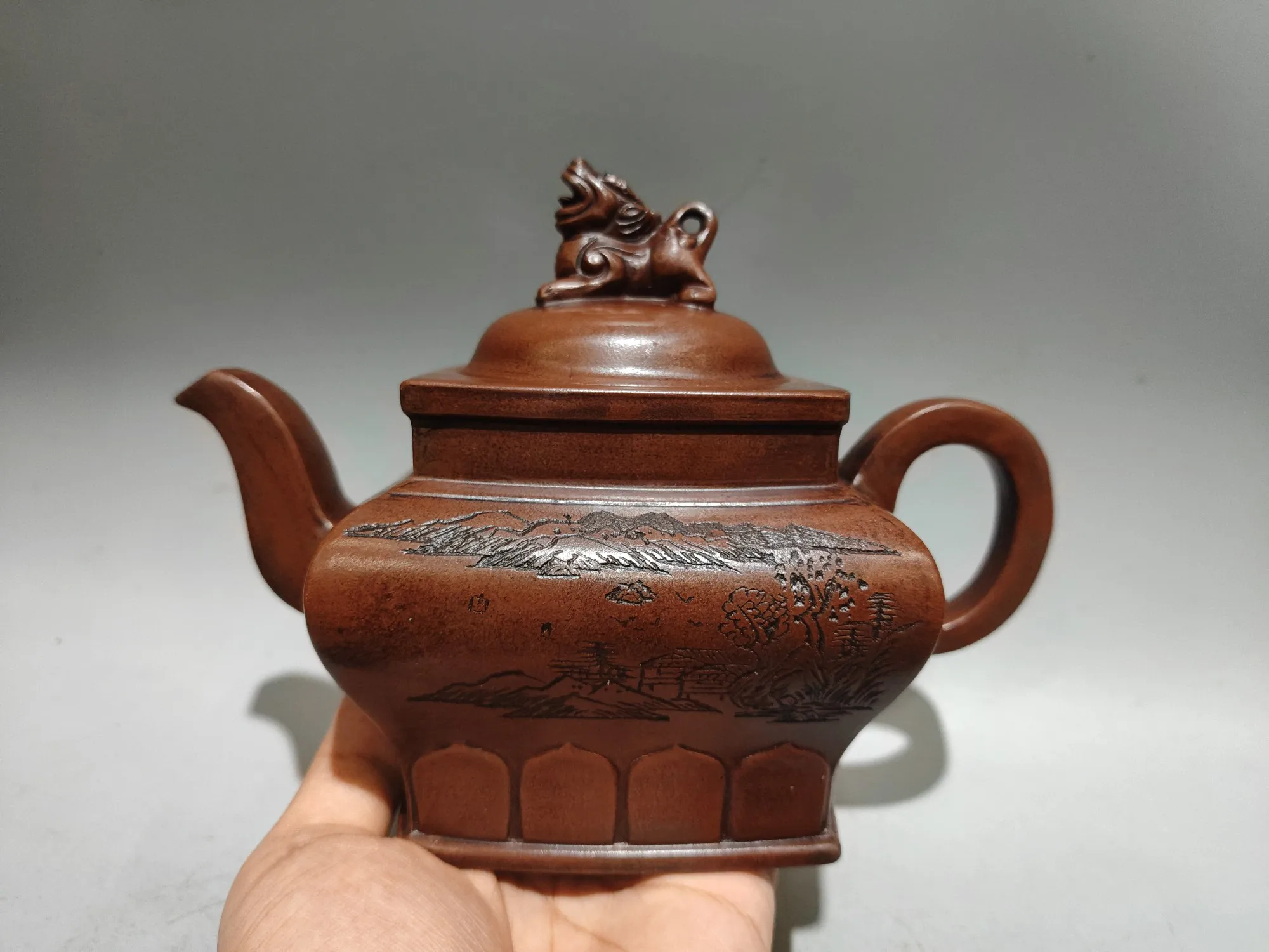 

8"Chinese Yixing Purple Clay Teapot Dragon statue cover Landscape pattern Four sided teapot Kettle Teapot Tea Ceremony