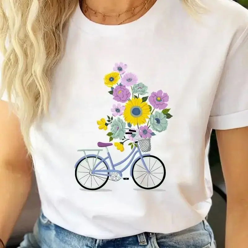 

Women's Lovely Watercolor Bike Cartoon T-irt Cus Design Hand-Painted Unique Faion Fem Tee Personalized Clothing