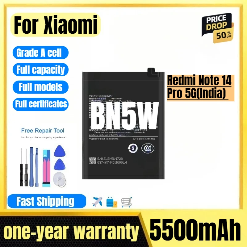 

BN5W for Xiaomi Redmi Note 14 Pro 5G(India) Phone Battery High Quality High Capacity Replacement Bateria Grade A Cell with Tools