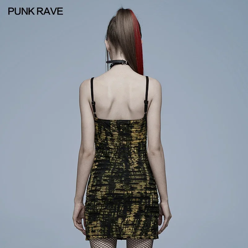 PUNK RAVE Women's Gothic Abstract Print Hole Breaking Slip Dresses Punk Sexy Playful Club Mini Dress for Women Summer