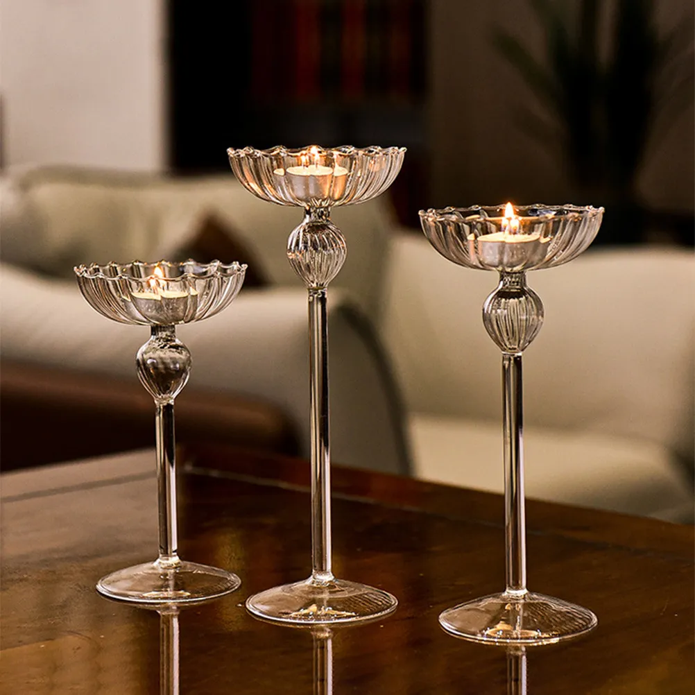 3Pcs Glass Candlestick Set Fine Workmanship Decorative Stand for Banquet Wedding Dreamy Atmosphere Pillar Tealight