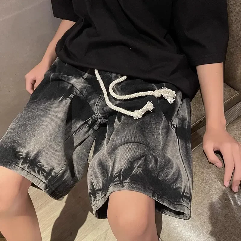 Immagine 7: Pantaloncini in denim tie-dye vintage alla moda da uomo, stile americano estivo, nuovi, casual, con coulisse, a gamba dritta, al ginocchio