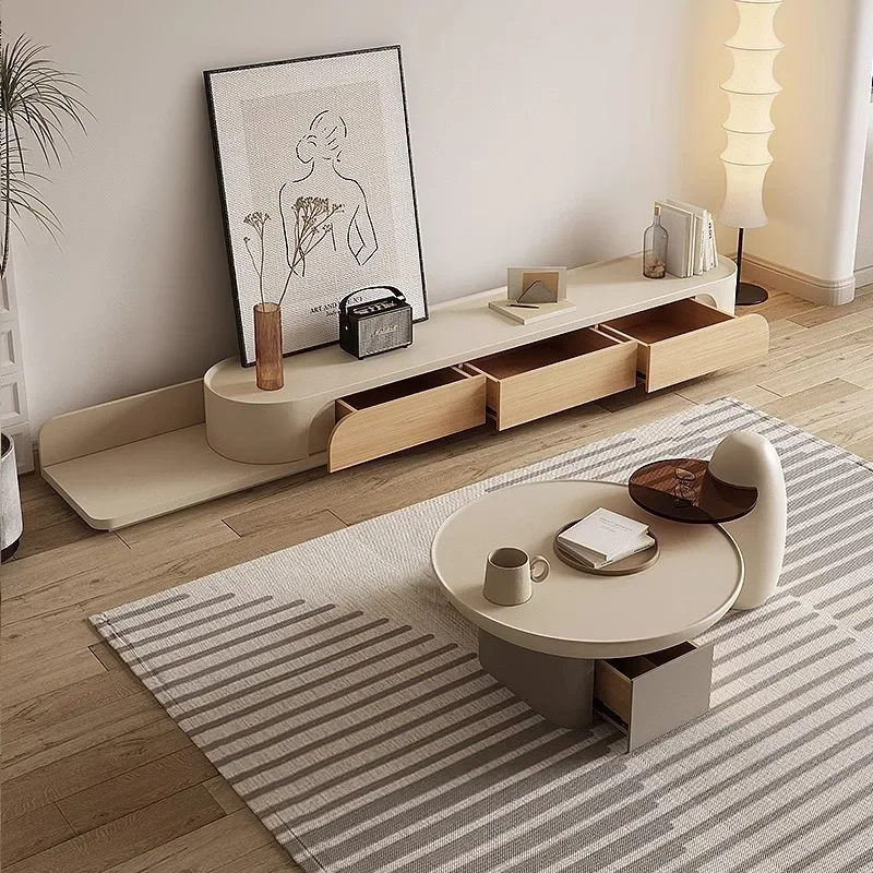 French cream wind coffee table living room paint TV cabinet combination household small apartment retractable floor cabinet set