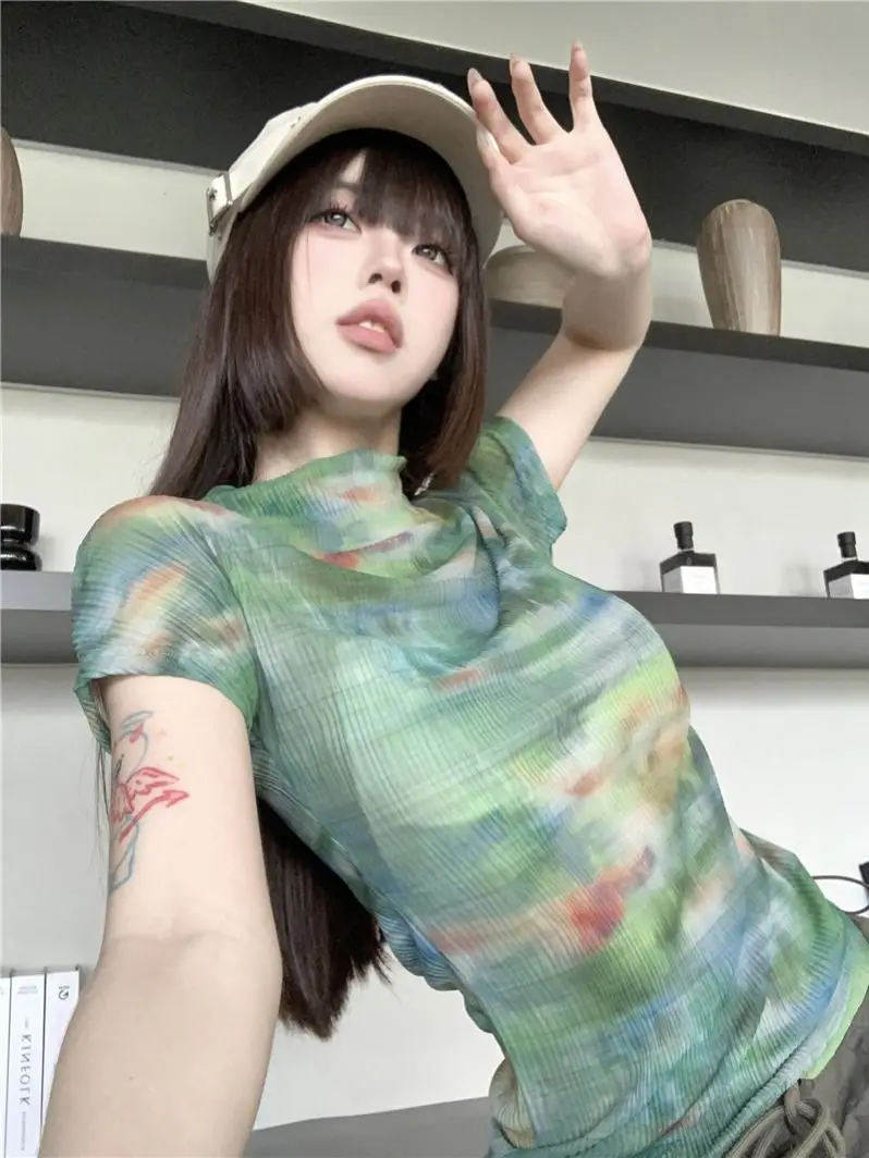 MiiiiX Green Tie Dye Printed Mesh Short-sleeved T-shirt Women 2024 Summer New Slim Half High Collar Casual Top Female Clothes