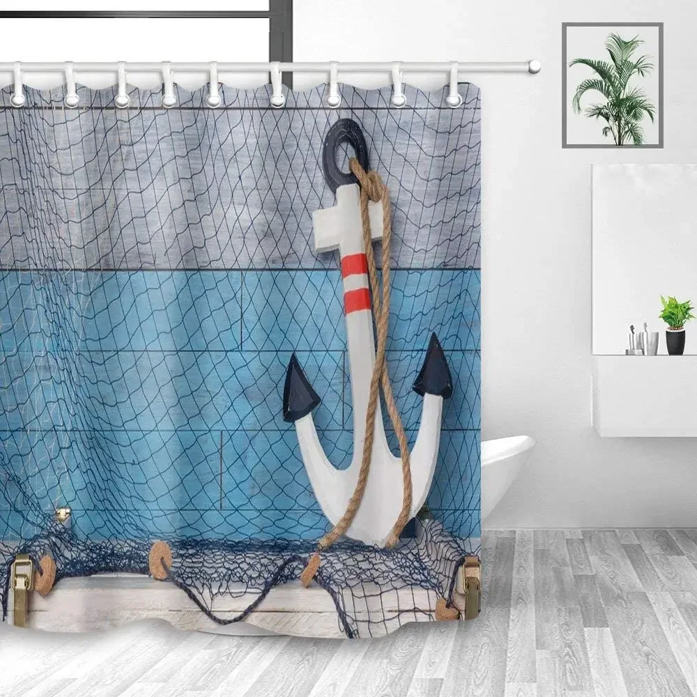 Rusty Anchor With Marine Rope On Turquoise Wooden Board For Ocean Adventure Bathroom By Ho Me Lili Shower Curtains