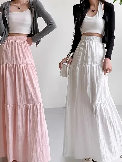 Taille haute ample Laidba Sle f jupe décontracté couleur Pure a-ligne jupe pour les jeunes femmes confortable taille élastique conception