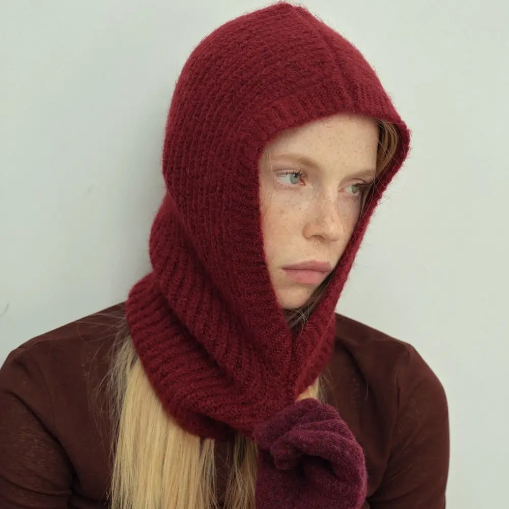 Cute Alpaca Wool Balaclava Hat Fleece Solid Color Knitted Hat Thickened Wool Blend Winter Cap Outdoor