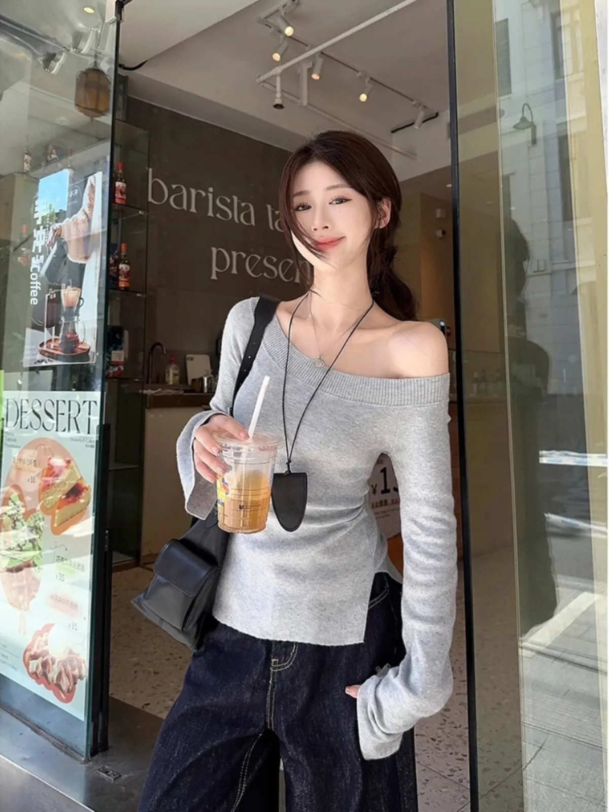 Korean Style Women's Knitted Long Sleeve Shoulder Bared Slant Collar Sweater Autumn Winter Inner Wear Base Top Commute Style