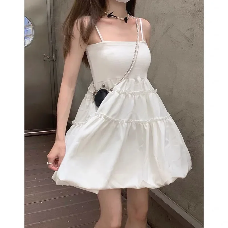 

Sweet Spaghetti Strap White Dress Female 2024 Summer Korean A Line Fluffy Mini Dress Women Sleeveless Party Mini Dresses Платье