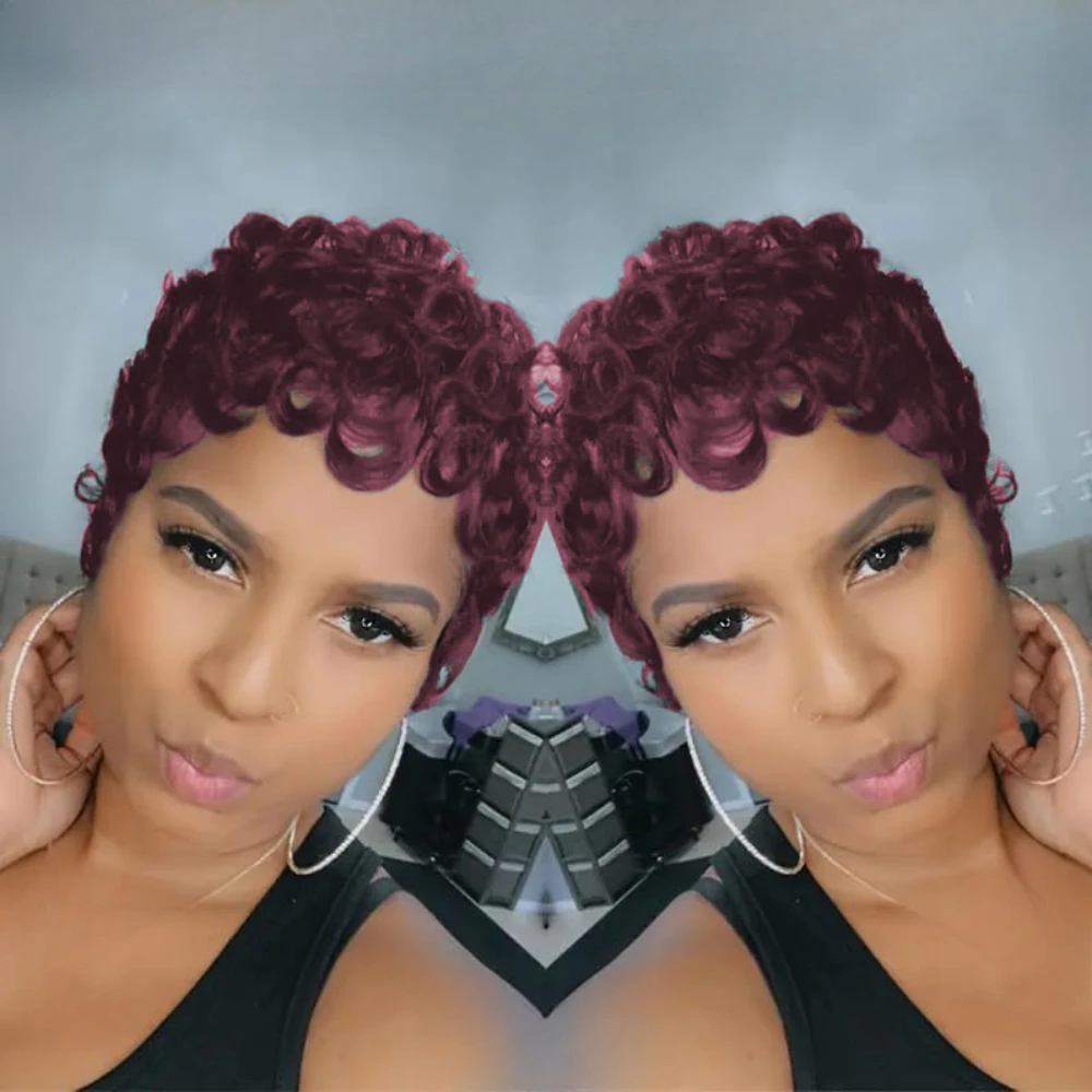 مجعد موجة قصيرة عابث قطع باروكة من شعر طبيعي شعر ريمي خصلات الشعر المستعار الإنسان مع الانفجارات شعر مستعار كامل آلة صنع شعر مستعار