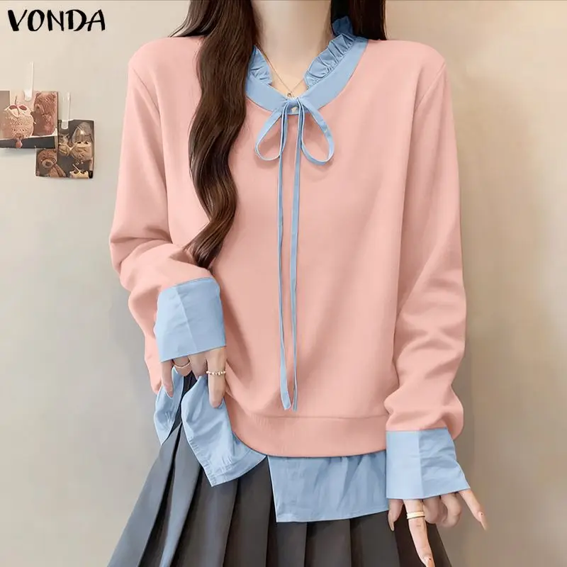 VONDA Elegant Office Blouse Women Fashion Shirts Color Patchwork Casual Tops Tunic Bandage Long Sleeve Street Blusas Femininas