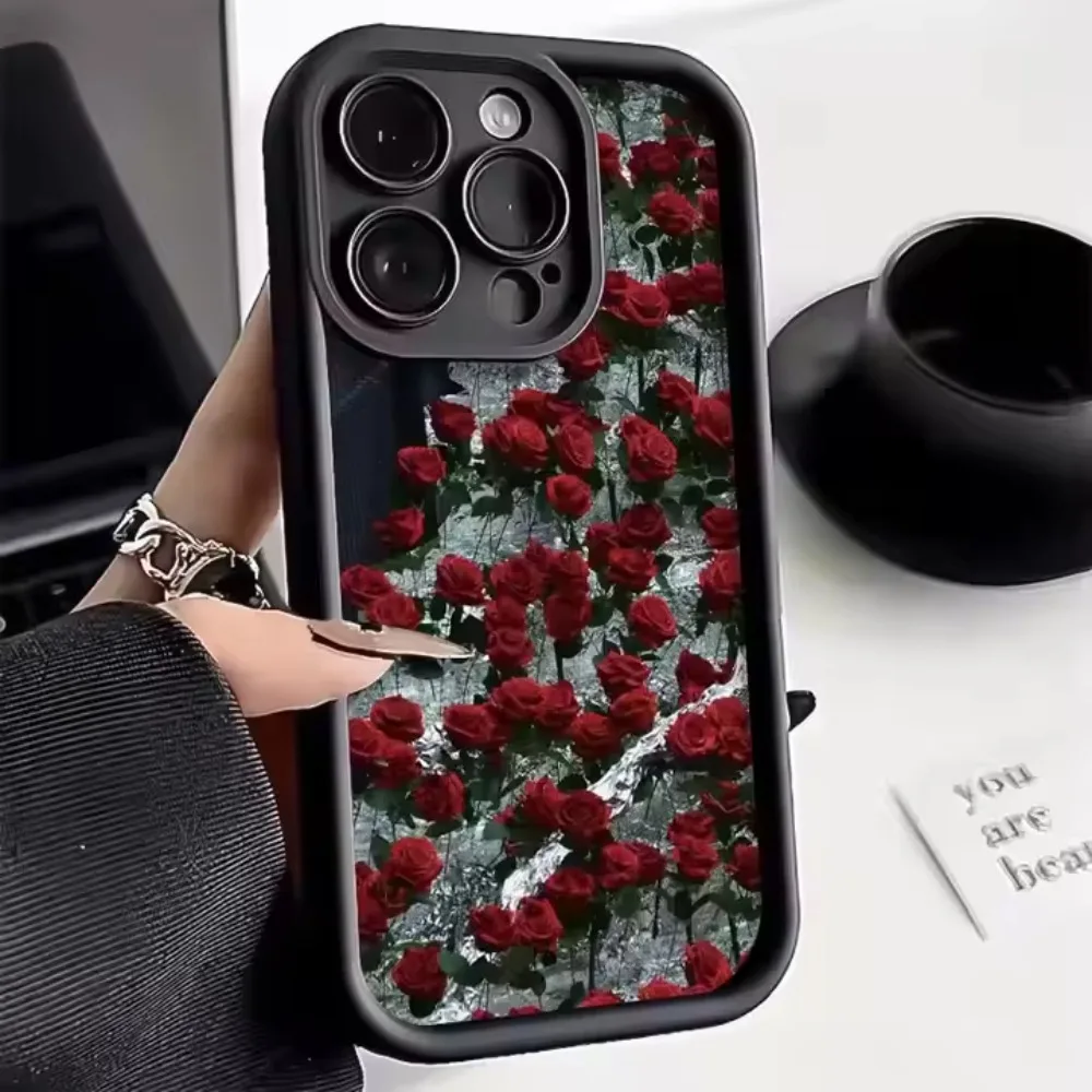 

Red rose flower pattern phone case for iPhone 16 15 14 13 12 11 Pro/ Max/Plus shock-proof rear cover anti-fingerprint