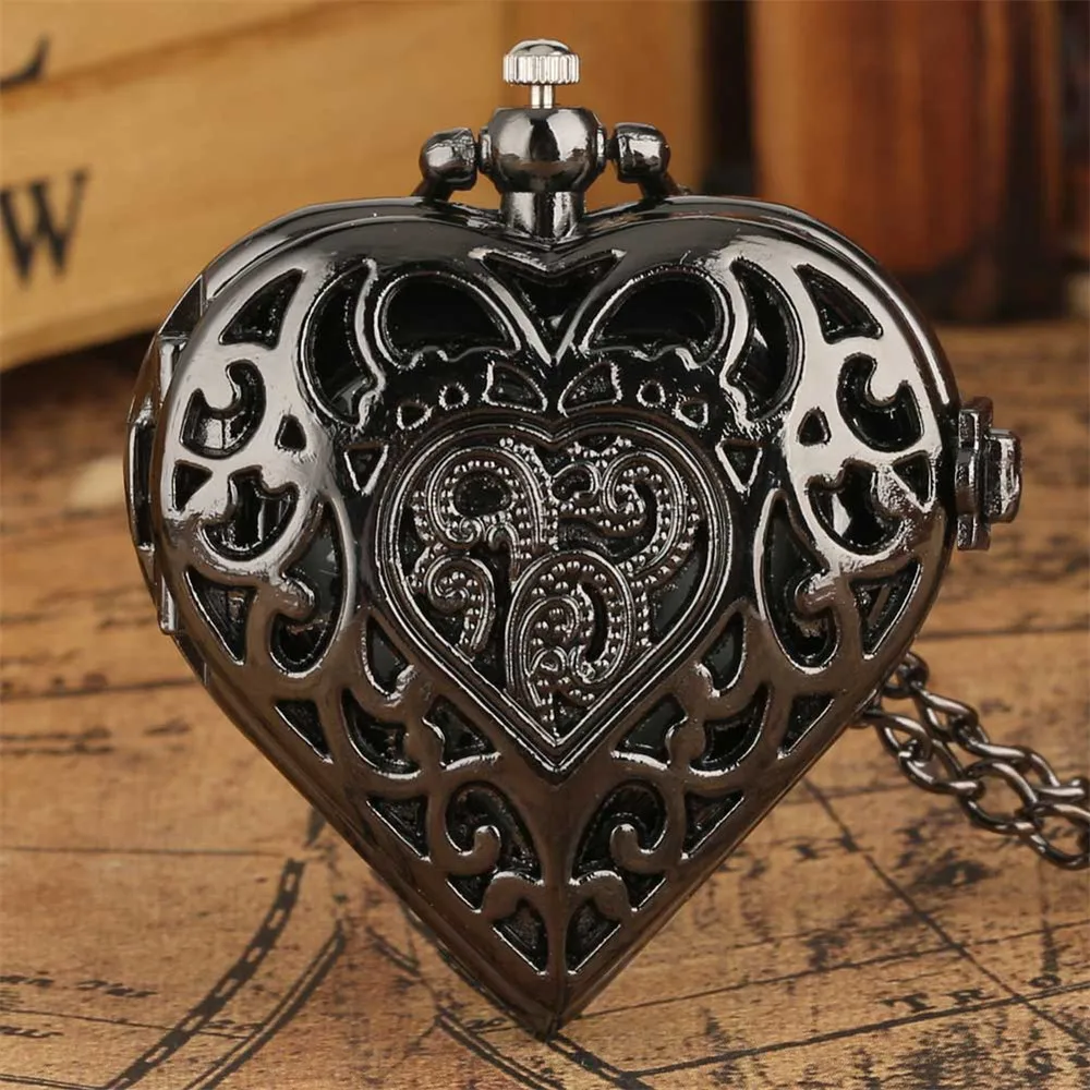 Vintage Elegant Heart Shaped Silver/Black/Bronze Necklace Watch for Lady Lovely Girl Necklace Pendant Pocket Clock Birthday Gift