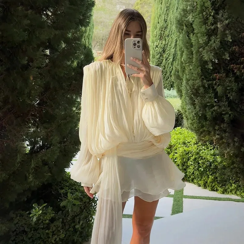 

Tuularose Fashion Women Ruffles Short Dress Elegant Round Neck Lace Up Lantern Long Sleeve Vestido Chic Female Solid Short Sets