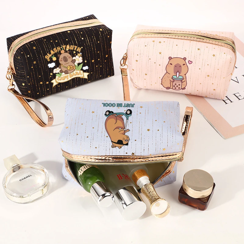 

Capybara Cute Women Cosmetic Bag Girl's Meteor Stamping Anime Canvas Print Zipper Makeup Case Toiletry Storage Bag Kawaii Party