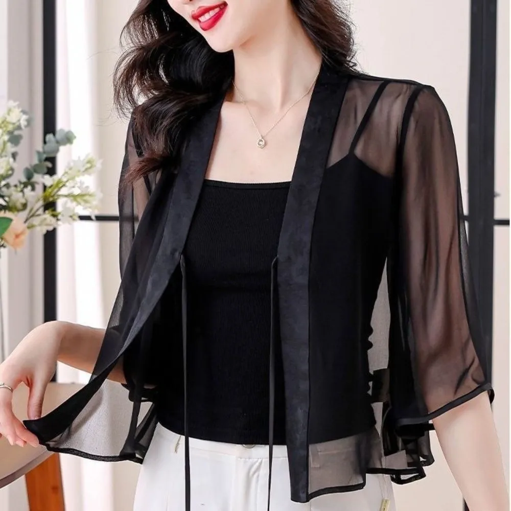 New Half Sleeve Chiffon Cardigan V-Neck Sun Protection Shawl Cardigan Breathable Lightweight Outerwear Top For Women