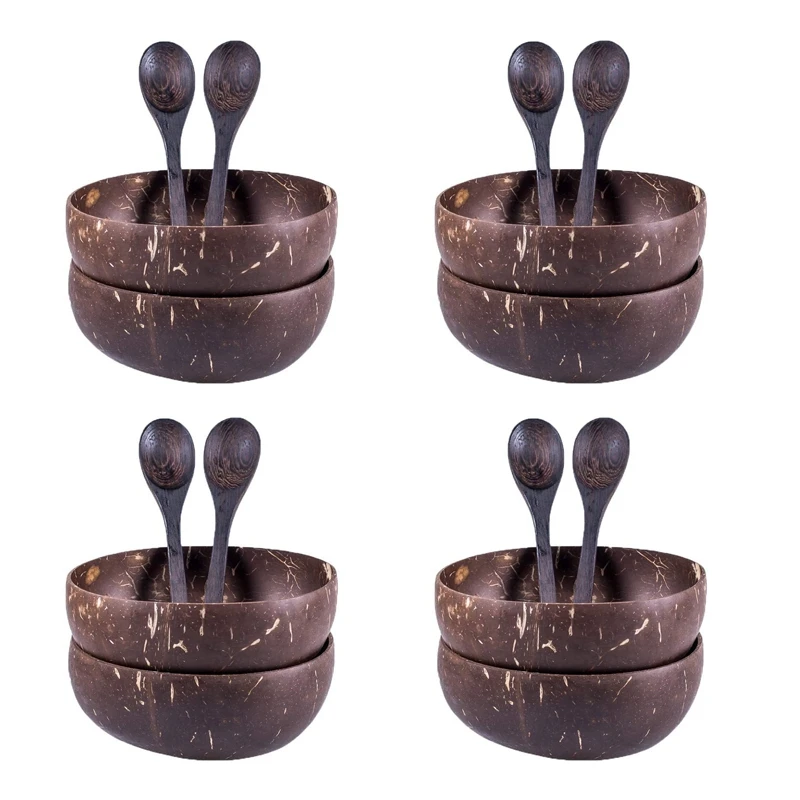 8X Coconut Bowls And Wooden Spoons For Serving Noodle,Pasta,Smoothie,Porridge,Handicraft Decoration Coconut Shell Bowl