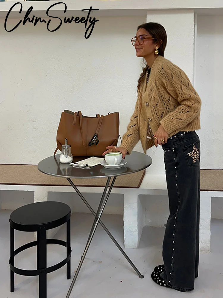 موضة ليوبارد ستار طباعة الجينز المرأة عالية الخصر سستة مستقيم الساق بنطال ذو قصة أرجل واسعة 2025 ربيع جديد أنثى ملابس الشارع الشهير غير رسمية