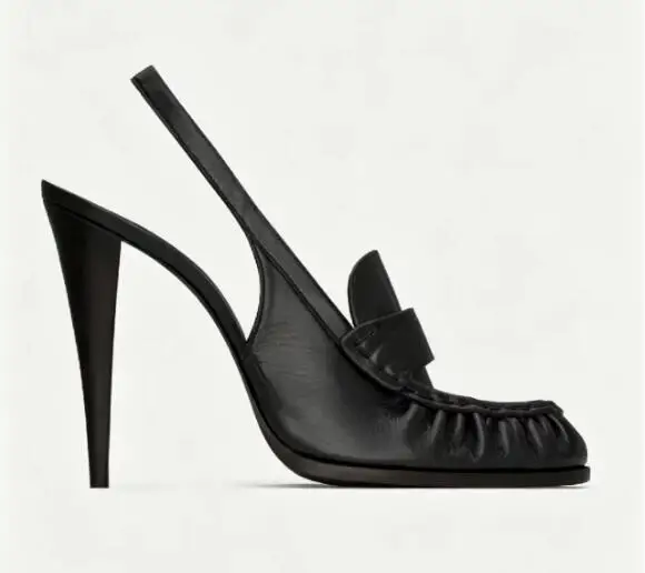 Black Genuine Leather Round Toe Pleated Spike Heels Pumps Summer Women Elastic Band High Heel Slingback Sandals Banquet Shoes