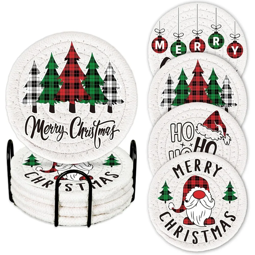 

4Pcs Merry Christmas Cup Coasters Handmade Braided Cotton Drink Coasters Xmas Buffalo Plaid Anti Slip Absorbent Tabletop