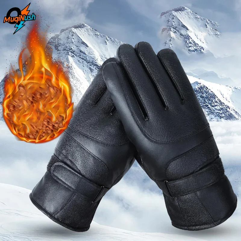 

MuqiNush 1 pc Black PU Leather Velvet Glove Men Women, Winter warm Touchscreen Cycling Gloves Outdoor Riding Warm Waterproof