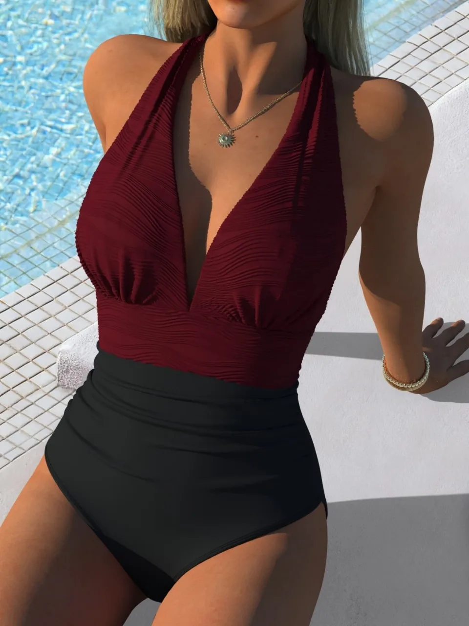 2026 Halter Deep V One Piece Swimsuit Women Contrast Printed Swimwear Female Monokini Bathers Bathing Swimming Suit Beachwear