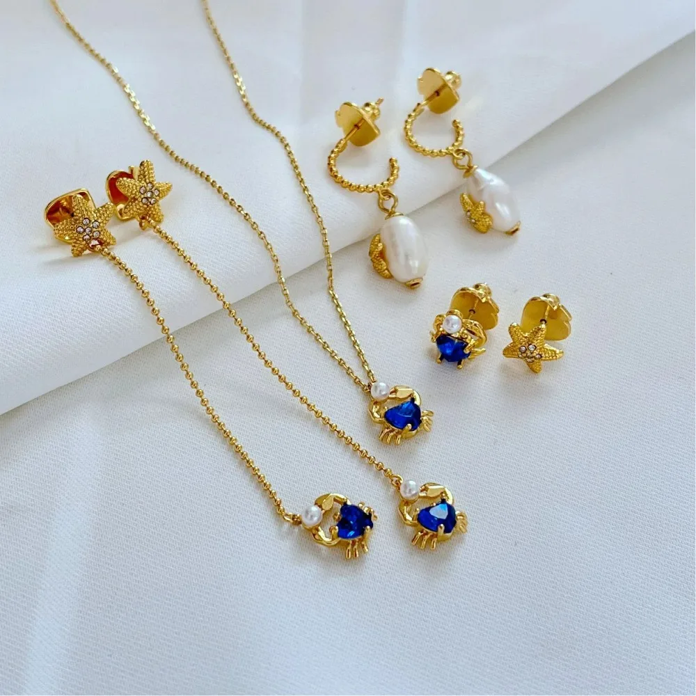 

Fashion New Arrival Natural Pearls Tassels Starfish, Crab Dangle Blue Heart Charms Long Earrings Personalized Simple Ear Wires