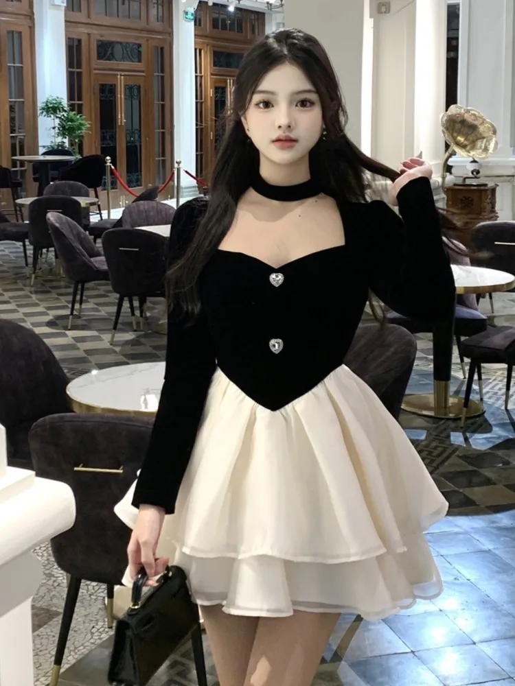 Y2K Mini Princess Dress Women Velvet Patchwork Layered Ruffles A-Line Autumn Spring Elegant Vintage Evening Party Vestidos Mujer