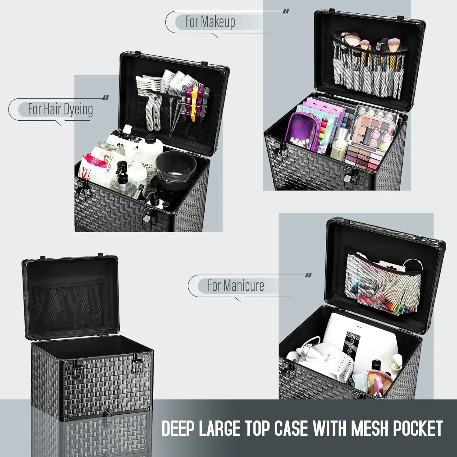 Cart with 3 Drawers, Professional Trolley Cart for Beauty Salon, Rolling Train Case Makeup Organizer Case for Nail Tech, F