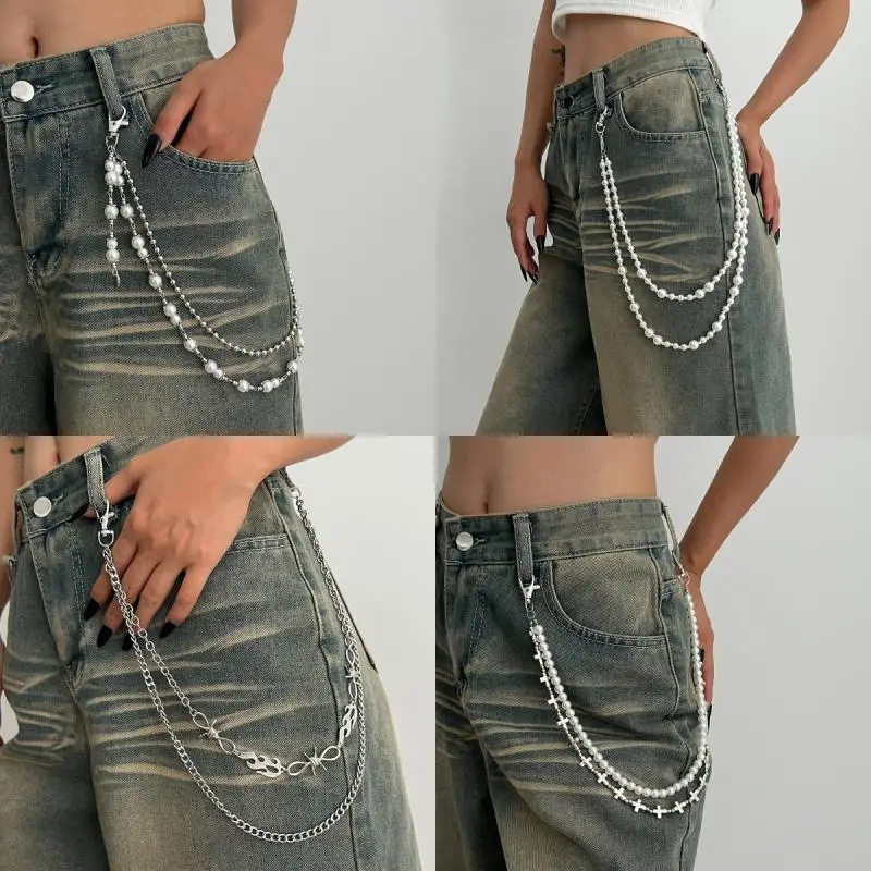 **Hip Hop Multilayer Imitation Pearl Cross Charm Jeans Pants Chain Personalized Waist Chain Fashion Wallet Chain Belt Decor