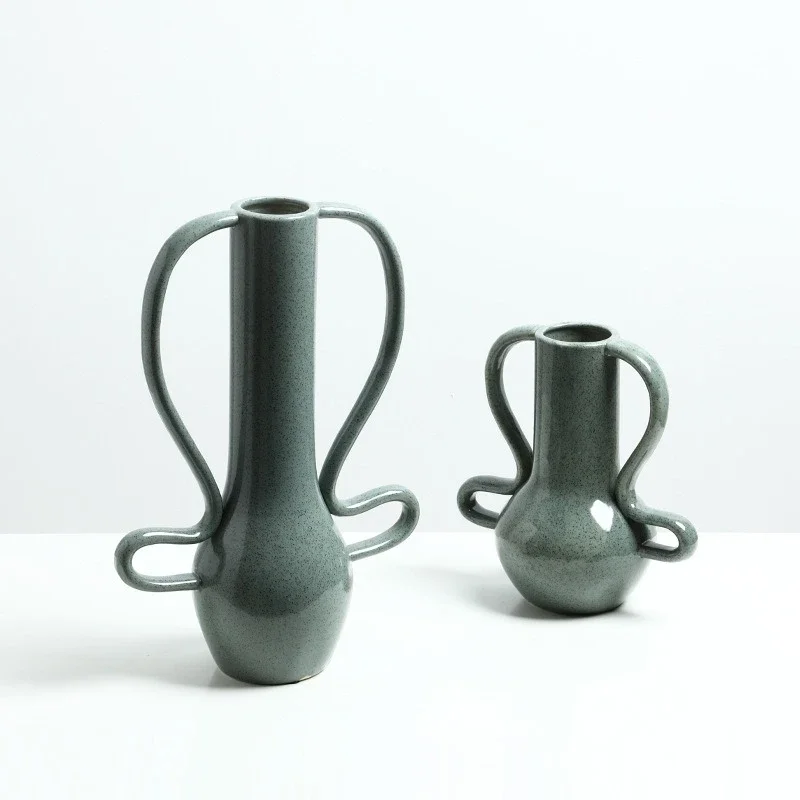 Creative Curved Handle Flower Vase Handmade Ceramic Pot Flower Arrangement Ornament Flowerpot Home Decoration Accessories