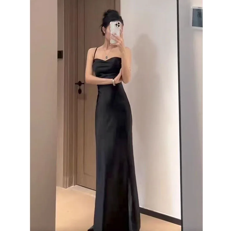 Robe Maxi en Satin pour femmes, Sexy, bretelles Spaghetti, élégante, coupe cintrée, soirée, été, sans manches, moulante, longue