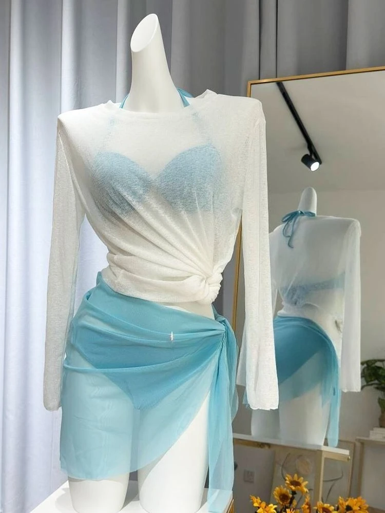 Bikini Set 4-Piece Split Women's Print Long Sleeve Sun High Beauty Fairy Style Swimwear for Beach Vacation 2026 New Fairy Sweet